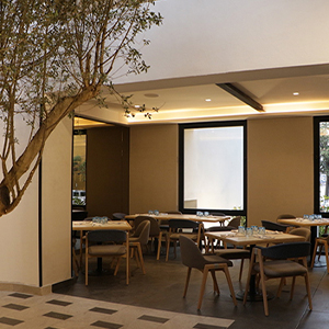 Interior de un restaurante con mesas y sillas, decorado con un árbol y paredes en tonos neutros.
